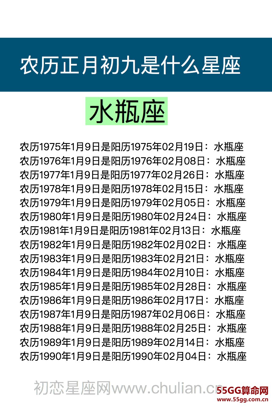 农历正月初九是什么星座：水瓶座